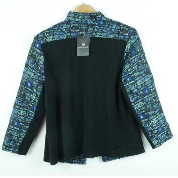 Ming Wang XS Jacket Career Blazer Artsy Blue Print Mixed Media Open Elegant - Picture 6 of 8